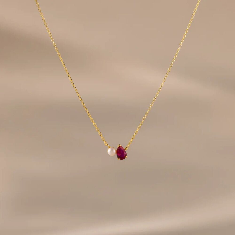 CAITLYN MINIMALIST Teardrop Ruby & Pearl Necklace 18K Gold Plated